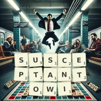 Kreatywna ilustracja do gry w Scrabble ze słowem SUSCEPTANTOWI ułożonym z płytek na planszy.