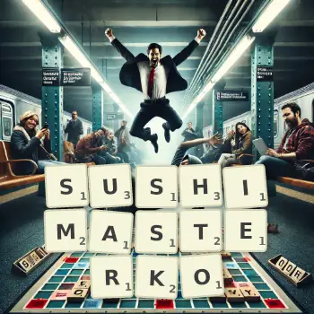 Kreatywna ilustracja do gry w Scrabble ze słowem SUSHIMASTERKO ułożonym z płytek na planszy.
