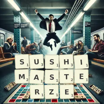 Kreatywna ilustracja do gry w Scrabble ze słowem SUSHIMASTERZE ułożonym z płytek na planszy.
