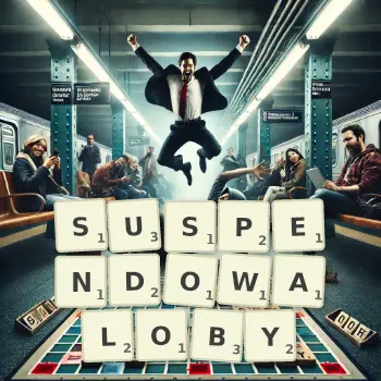 Kreatywna ilustracja do gry w Scrabble ze słowem SUSPENDOWALOBY ułożonym z płytek na planszy.