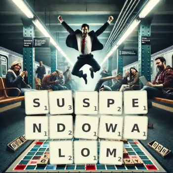 Kreatywna ilustracja do gry w Scrabble ze słowem SUSPENDOWALOM ułożonym z płytek na planszy.