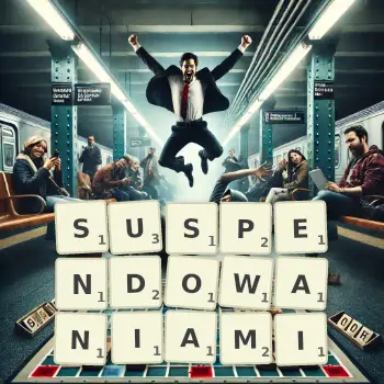 Kreatywna ilustracja do gry w Scrabble ze słowem SUSPENDOWANIAMI ułożonym z płytek na planszy.