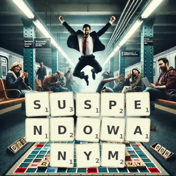 Kreatywna ilustracja do gry w Scrabble ze słowem SUSPENDOWANYM ułożonym z płytek na planszy.