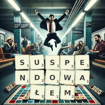 Kreatywna ilustracja do gry w Scrabble ze słowem SUSPENDOWAŁEM ułożonym z płytek na planszy.