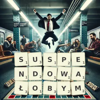 Kreatywna ilustracja do gry w Scrabble ze słowem SUSPENDOWAŁOBYM ułożonym z płytek na planszy.