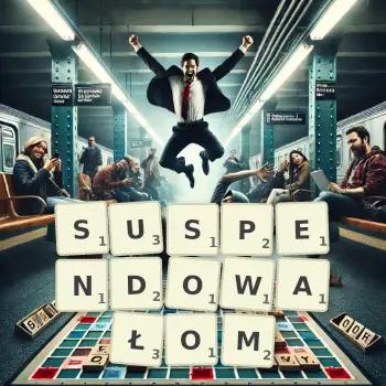 Kreatywna ilustracja do gry w Scrabble ze słowem SUSPENDOWAŁOM ułożonym z płytek na planszy.
