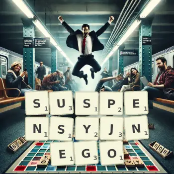 Kreatywna ilustracja do gry w Scrabble ze słowem SUSPENSYJNEGO ułożonym z płytek na planszy.