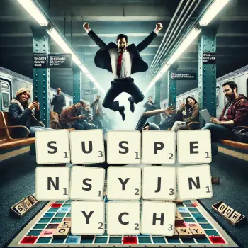 Kreatywna ilustracja do gry w Scrabble ze słowem SUSPENSYJNYCH ułożonym z płytek na planszy.