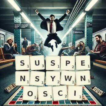 Kreatywna ilustracja do gry w Scrabble ze słowem SUSPENSYWNOSCI ułożonym z płytek na planszy.