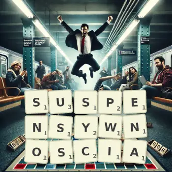 Kreatywna ilustracja do gry w Scrabble ze słowem SUSPENSYWNOSCIA ułożonym z płytek na planszy.