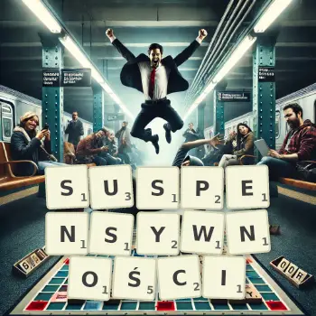 Kreatywna ilustracja do gry w Scrabble ze słowem SUSPENSYWNOŚCI ułożonym z płytek na planszy.