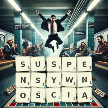 Kreatywna ilustracja do gry w Scrabble ze słowem SUSPENSYWNOŚCIĄ ułożonym z płytek na planszy.