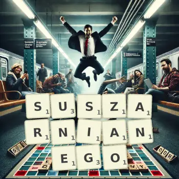 Kreatywna ilustracja do gry w Scrabble ze słowem SUSZARNIANEGO ułożonym z płytek na planszy.