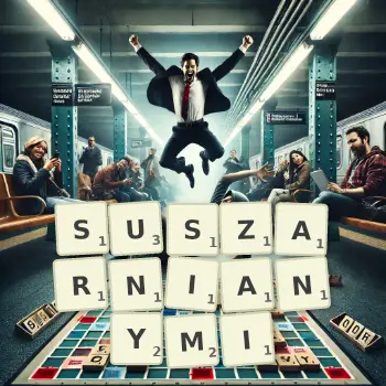 Kreatywna ilustracja do gry w Scrabble ze słowem SUSZARNIANYMI ułożonym z płytek na planszy.
