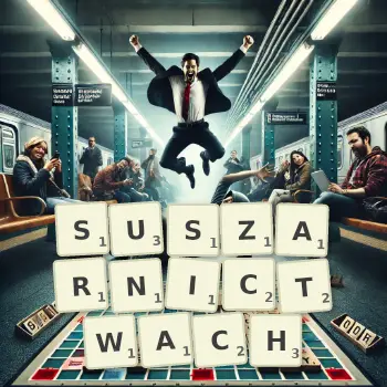 Kreatywna ilustracja do gry w Scrabble ze słowem SUSZARNICTWACH ułożonym z płytek na planszy.