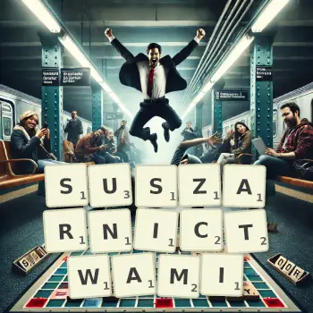 Kreatywna ilustracja do gry w Scrabble ze słowem SUSZARNICTWAMI ułożonym z płytek na planszy.