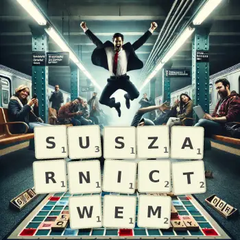 Kreatywna ilustracja do gry w Scrabble ze słowem SUSZARNICTWEM ułożonym z płytek na planszy.