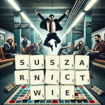 Kreatywna ilustracja do gry w Scrabble ze słowem SUSZARNICTWIE ułożonym z płytek na planszy.