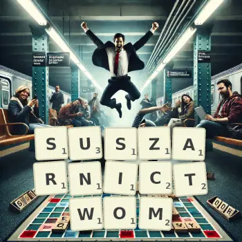 Kreatywna ilustracja do gry w Scrabble ze słowem SUSZARNICTWOM ułożonym z płytek na planszy.