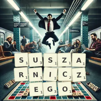 Kreatywna ilustracja do gry w Scrabble ze słowem SUSZARNICZEGO ułożonym z płytek na planszy.