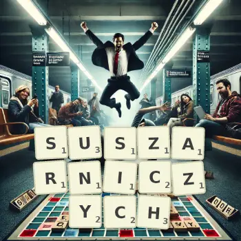 Kreatywna ilustracja do gry w Scrabble ze słowem SUSZARNICZYCH ułożonym z płytek na planszy.