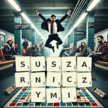 Kreatywna ilustracja do gry w Scrabble ze słowem SUSZARNICZYMI ułożonym z płytek na planszy.