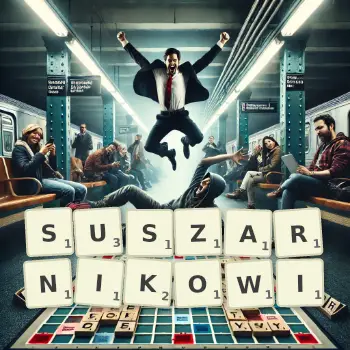 Kreatywna ilustracja do gry w Scrabble ze słowem SUSZARNIKOWI ułożonym z płytek na planszy.
