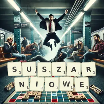 Kreatywna ilustracja do gry w Scrabble ze słowem SUSZARNIOWE ułożonym z płytek na planszy.