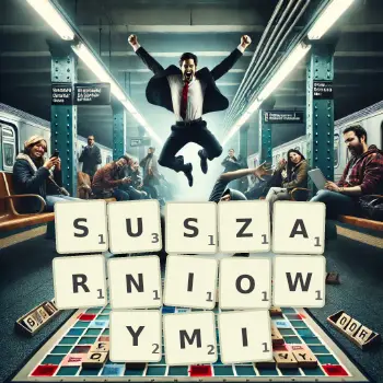 Kreatywna ilustracja do gry w Scrabble ze słowem SUSZARNIOWYMI ułożonym z płytek na planszy.