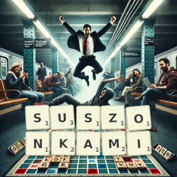 Kreatywna ilustracja do gry w Scrabble ze słowem SUSZONKAMI ułożonym z płytek na planszy.