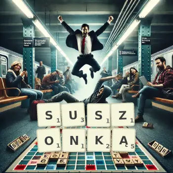 Kreatywna ilustracja do gry w Scrabble ze słowem SUSZONKĄ ułożonym z płytek na planszy.