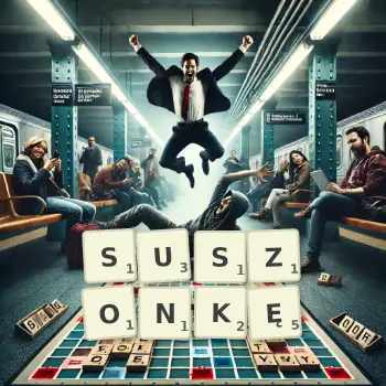 Kreatywna ilustracja do gry w Scrabble ze słowem SUSZONKĘ ułożonym z płytek na planszy.