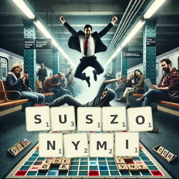 Kreatywna ilustracja do gry w Scrabble ze słowem SUSZONYMI ułożonym z płytek na planszy.