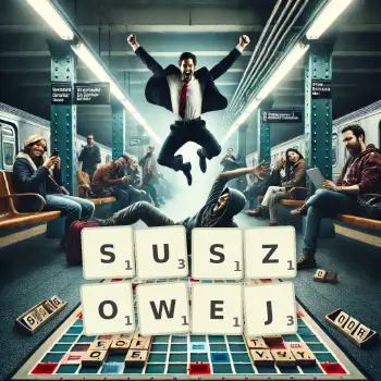 Kreatywna ilustracja do gry w Scrabble ze słowem SUSZOWEJ ułożonym z płytek na planszy.