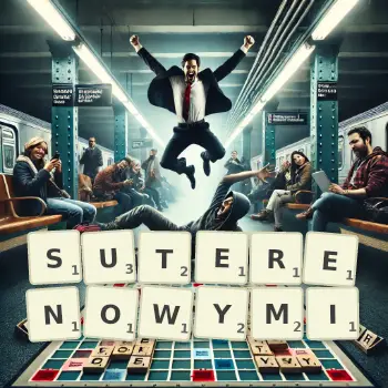 Kreatywna ilustracja do gry w Scrabble ze słowem SUTERENOWYMI ułożonym z płytek na planszy.