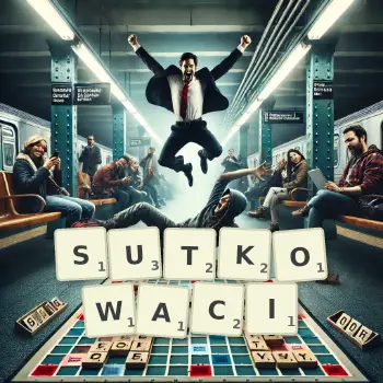 Kreatywna ilustracja do gry w Scrabble ze słowem SUTKOWACI ułożonym z płytek na planszy.