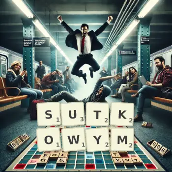 Kreatywna ilustracja do gry w Scrabble ze słowem SUTKOWYM ułożonym z płytek na planszy.