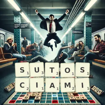 Kreatywna ilustracja do gry w Scrabble ze słowem SUTOSCIAMI ułożonym z płytek na planszy.