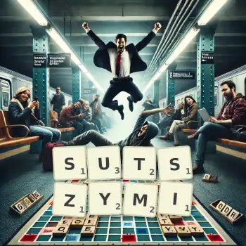 Kreatywna ilustracja do gry w Scrabble ze słowem SUTSZYMI ułożonym z płytek na planszy.