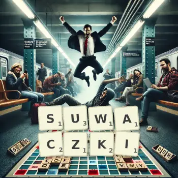 Kreatywna ilustracja do gry w Scrabble ze słowem SUWACZKI ułożonym z płytek na planszy.