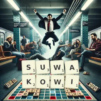 Kreatywna ilustracja do gry w Scrabble ze słowem SUWAKOWI ułożonym z płytek na planszy.