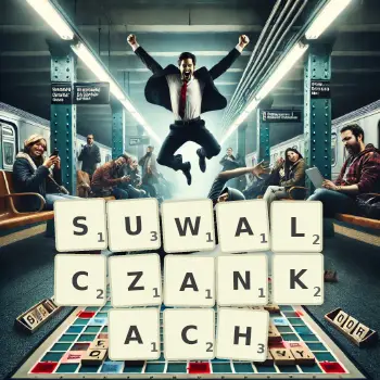 Kreatywna ilustracja do gry w Scrabble ze słowem SUWALCZANKACH ułożonym z płytek na planszy.
