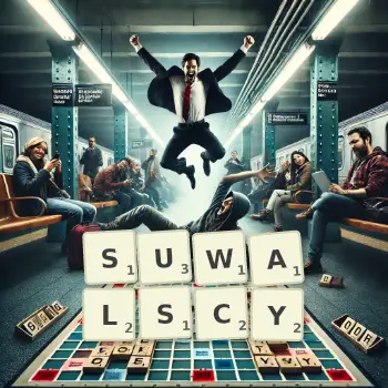 Kreatywna ilustracja do gry w Scrabble ze słowem SUWALSCY ułożonym z płytek na planszy.