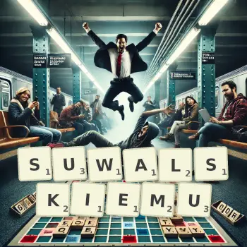 Kreatywna ilustracja do gry w Scrabble ze słowem SUWALSKIEMU ułożonym z płytek na planszy.