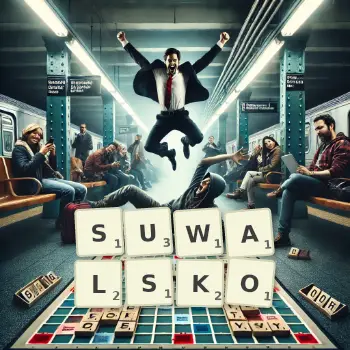 Kreatywna ilustracja do gry w Scrabble ze słowem SUWALSKO ułożonym z płytek na planszy.