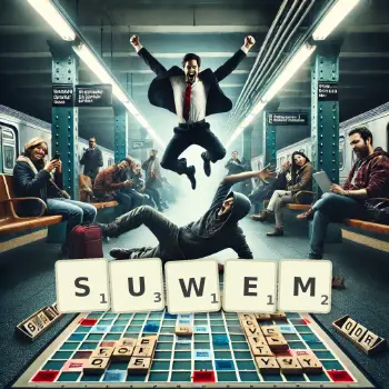 Kreatywna ilustracja do gry w Scrabble ze słowem SUWEM ułożonym z płytek na planszy.