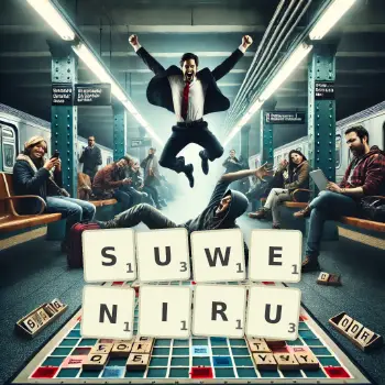 Kreatywna ilustracja do gry w Scrabble ze słowem SUWENIRU ułożonym z płytek na planszy.