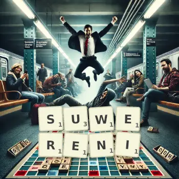 Kreatywna ilustracja do gry w Scrabble ze słowem SUWERENI ułożonym z płytek na planszy.