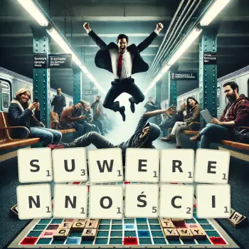 Kreatywna ilustracja do gry w Scrabble ze słowem SUWERENNOŚCI ułożonym z płytek na planszy.