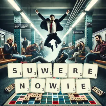 Kreatywna ilustracja do gry w Scrabble ze słowem SUWERENOWIE ułożonym z płytek na planszy.